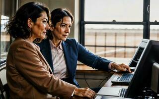 photo of working entrepreneur woman at factory with machine and worker, generative AI