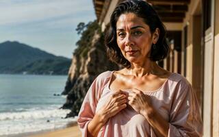 foto de medio Envejecido antiguo mujer a casa cerca mar playa, generativo ai