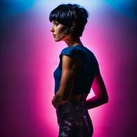 photo of beautiful woman with short hair and mixed pink neon light, generative AI