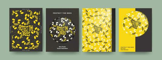 Set of Bee Conservation Posters in yellow and black. Flat Cartoon bee patterns with Protect The Bees Text. Vector Illustration. EPS 10.
