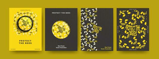 Protect The Bees Concept Posters. Minimalist design on dark and honeycomb backgrounds. Editable with copy space. For posters, cards, covers, leaflets, flyers, brochures, documents. EPS 10. vector