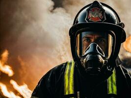 photo of firefighter with big fire cloud and smoke in background, generative AI