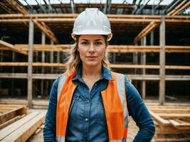 photo of woman as a construction worker with helmet, generative AI