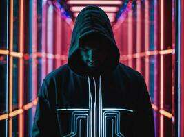 photo of man in black hoodie in server data center room with neon light, generative AI