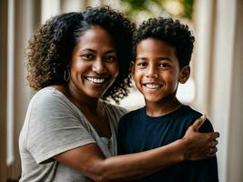 foto de contento familia negro madre y hijo, generativo ai