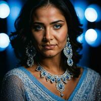 photo of beautiful woman with blue light on black background, generative AI