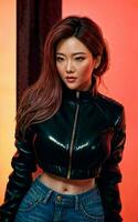 photo of asian woman in jacket outfit with colorful light in background, generative AI