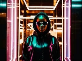 photo of black woman in black hoodie in server data center room with neon light, generative AI