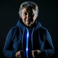 photo of middle aged old woman with blue light on black background, generative AI