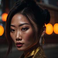 photo of asian woman at street night with light, generative AI