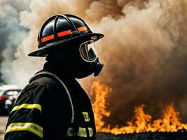 photo of firefighter with big fire cloud and smoke in background, generative AI