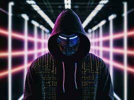 photo of man in black hoodie in server data center room with neon light, generative AI