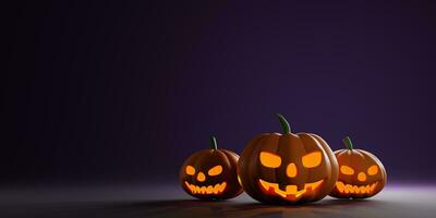 3d Rendering. Design for Halloween banner with pumpkin on purple background. With copy space. photo