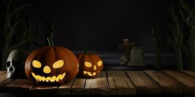 3d Rendering. For design halloween banner with pumpkin,crucifix, skull, grave on wooden background. Dry trees in the cemetery at night. with copy space. photo