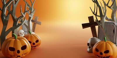 3d Rendering. Design for Halloween banner with pumpkin,crucifix, skull, grave on orange background. Dry trees in the cemetery. with copy space. photo