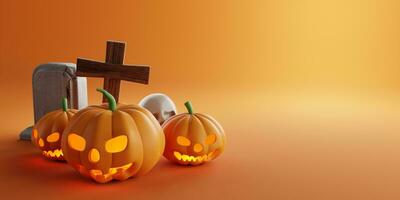 3d Rendering. Design for Halloween banner with pumpkin,crucifix, skull, grave on a orange background. With copy space. photo