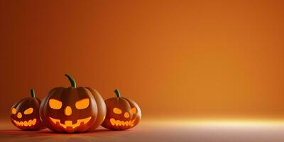 3d Rendering. Design for Halloween banner with pumpkin on orange background. With copy space. photo