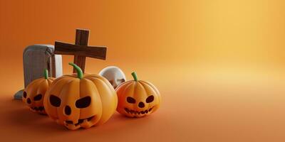 3d Rendering. Design for Halloween banner with pumpkin,crucifix, skull, grave on a orange background. With copy space. photo