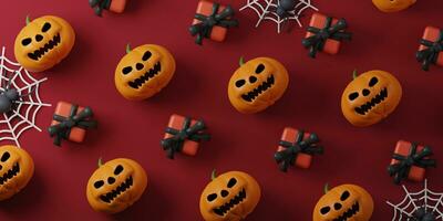 Halloween background of pumpkins ghost and spider, gift box on red background. Top view. 3d render illustration. photo