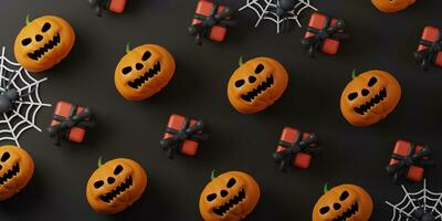 Halloween background of pumpkins ghost and spider, gift box on black background. Top view. 3d render illustration. photo