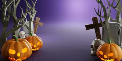 3d Rendering. Design for Halloween banner with pumpkin,crucifix, skull, grave on purple background. Dry trees in the cemetery. with copy space. photo