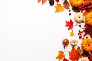 Thanksgiving background. Top view white wood table decor from pumpkin, red berry, dry leaves with copy space. Autumn and fall season background. Thanksgiving day or Halloween concept. Generative AI. photo