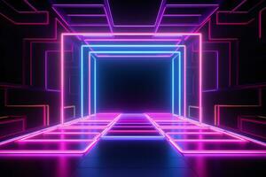 Abstract neon light geometric background. Glowing neon lines. Empty futuristic stage laser. Colorful rectangular laser lines. Square tunnel. Night club empty room. Laser show design. Generative AI. photo