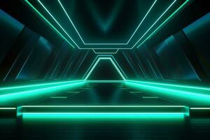 Neon light abstract background. Tunnel or corridor green neon glowing lights. Laser lines and LED technology create glow in dark room. Cyber club neon light stage room. Laser show. Generative AI. photo