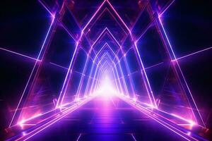 Neon light abstract background. Tunnel or corridor violet neon glowing lights. Laser lines and LED technology create glow in dark room. Cyber club neon light stage room. Laser show. Generative AI. photo