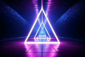 Neon light abstract background. Triangle tunnel or corridor violet neon glowing lights. Laser lines and LED technology create glow in dark room. Cyber club neon light stage room. Generative AI. photo