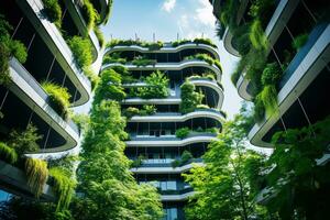 Sustainable green building in modern city. Green architecture. Eco-friendly building. Sustainable residential building with vertical garden reduce CO2. Apartment with green environment. Generative AI. photo