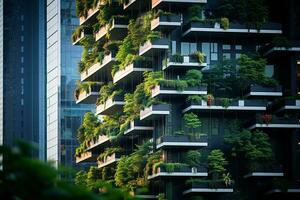 sostenible verde edificio en moderno ciudad. verde arquitectura. Respetuoso del medio ambiente edificio. sostenible residencial edificio con vertical jardín reducir co2 Departamento con verde ambiente. generativo ai. foto