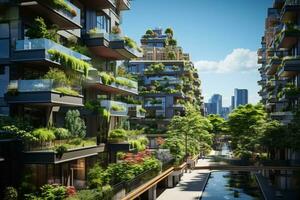 Sustainable green building in modern city. Green architecture. Eco-friendly building. Sustainable residential building with vertical garden reduce CO2. Apartment with green environment. Generative AI. photo