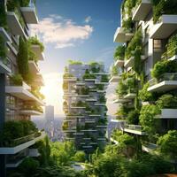 Sustainable green building in modern city. Green architecture. Eco-friendly building. Sustainable residential building with vertical garden reduce CO2. Apartment with green environment. Generative AI. photo