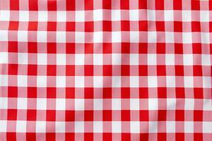 Red and white checkered tablecloth. Top view table cloth texture background. Red gingham pattern fabric. Picnic blanket texture. Red table cloth for Italian food menu. Square pattern. Generative AI. photo