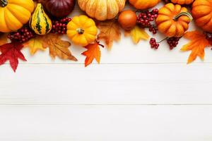 Thanksgiving background. Top view white wood table decor from pumpkin, red berry, dry leaves with copy space. Autumn and fall season background. Thanksgiving day or Halloween concept. Generative AI. photo