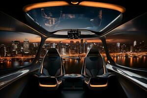 Air taxi and city view at night. Air vehicle. Personal air transport. Autonomous aerial taxi. Flying car. Urban aviation. Futuristic technology. Electric VTOL passenger aircraft. Generative AI. photo