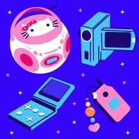 Set of y2k style objects, tape recorder, tetris, flip phone. 1990s 2000s style, flip phone. vector