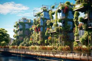 Sustainable green building in modern city. Green architecture. Eco-friendly building. Sustainable residential building with vertical garden reduce CO2. Apartment with green environment. Generative AI. photo