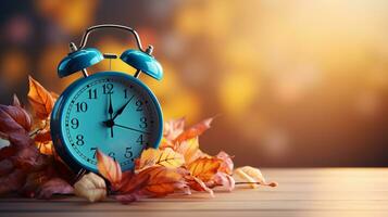 Daylight Saving Time. Alarm clock and orange color leaves on wooden table. Autumn time. Fall time change. Autumn leaves fall and winter approaches, the concept of daylight saving time. Generative AI. photo