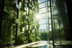 Respetuoso del medio ambiente edificio en el moderno ciudad. sostenible vaso oficina edificio con árbol para reduciendo carbón dióxido. oficina edificio con verde ambiente. corporativo edificio reducir co2 generativo ai foto