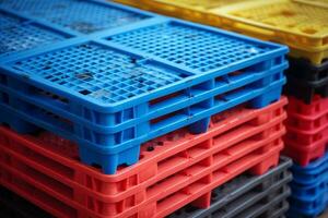 Pile of plastic shipping pallet. Industrial plastic pallet stacked at factory warehouse. Plastic pallet rack for export delivery industry. Plastic pallet storage warehouse. Generative AI. photo