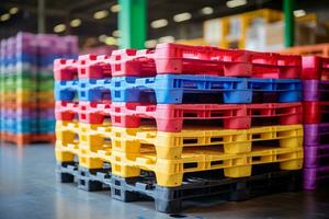 Pile of plastic shipping pallet. Industrial plastic pallet stacked at factory warehouse. Plastic pallet rack for export delivery industry. Plastic pallet storage warehouse. Generative AI. photo