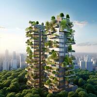 sostenible verde edificio en moderno ciudad. verde arquitectura. Respetuoso del medio ambiente edificio. sostenible residencial edificio con vertical jardín reducir co2 Departamento con verde ambiente. generativo ai. foto