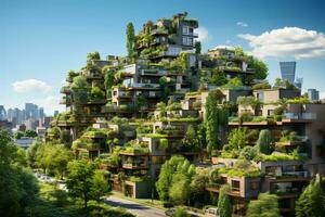 Sustainable green building in modern city. Green architecture. Eco-friendly building. Sustainable residential building with vertical garden reduce CO2. Apartment with green environment. Generative AI. photo