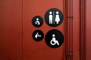 Public toilet sign. Woman, men, children, baby diaper changing, and disabled person toilet icon on restroom wall. Public restroom universal icon. Disabled access symbol. Latrine or WC. Washroom sign. photo