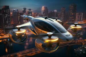 aire Taxi y ciudad ver a noche. aire vehículo. personal aire transporte. autónomo aéreo Taxi. volador coche. urbano aviación. futurista tecnología. eléctrico vtol pasajero aeronave. generativo ai. foto