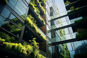 Eco-friendly building in the modern city. Sustainable glass office building with tree for reducing carbon dioxide. Office building with green environment. Corporate building reduce CO2. Generative AI photo