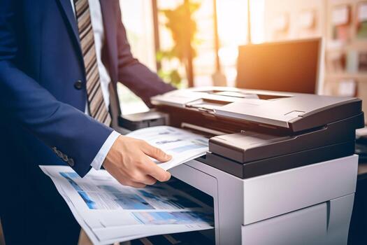 Businessman print paper on a multifunction laser printer in business office. Document and paperwork. Secretary work. Copy, print, scan, and fax machine. Print technology. Photocopy. Generative AI. photo