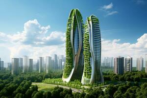 Sustainable green building in modern city. Green architecture. Eco-friendly building. Sustainable building with vertical garden reduce CO2. Futuristic building. Net zero emissions. Generative AI. photo